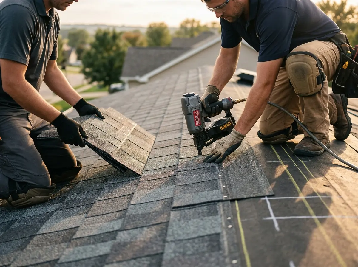Professional roofer working on a residential roof in Wyldwood